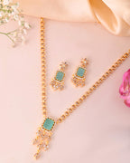 VOJ Gold-Polished Ad-Studded Sea Green Stone Jewellery Set
