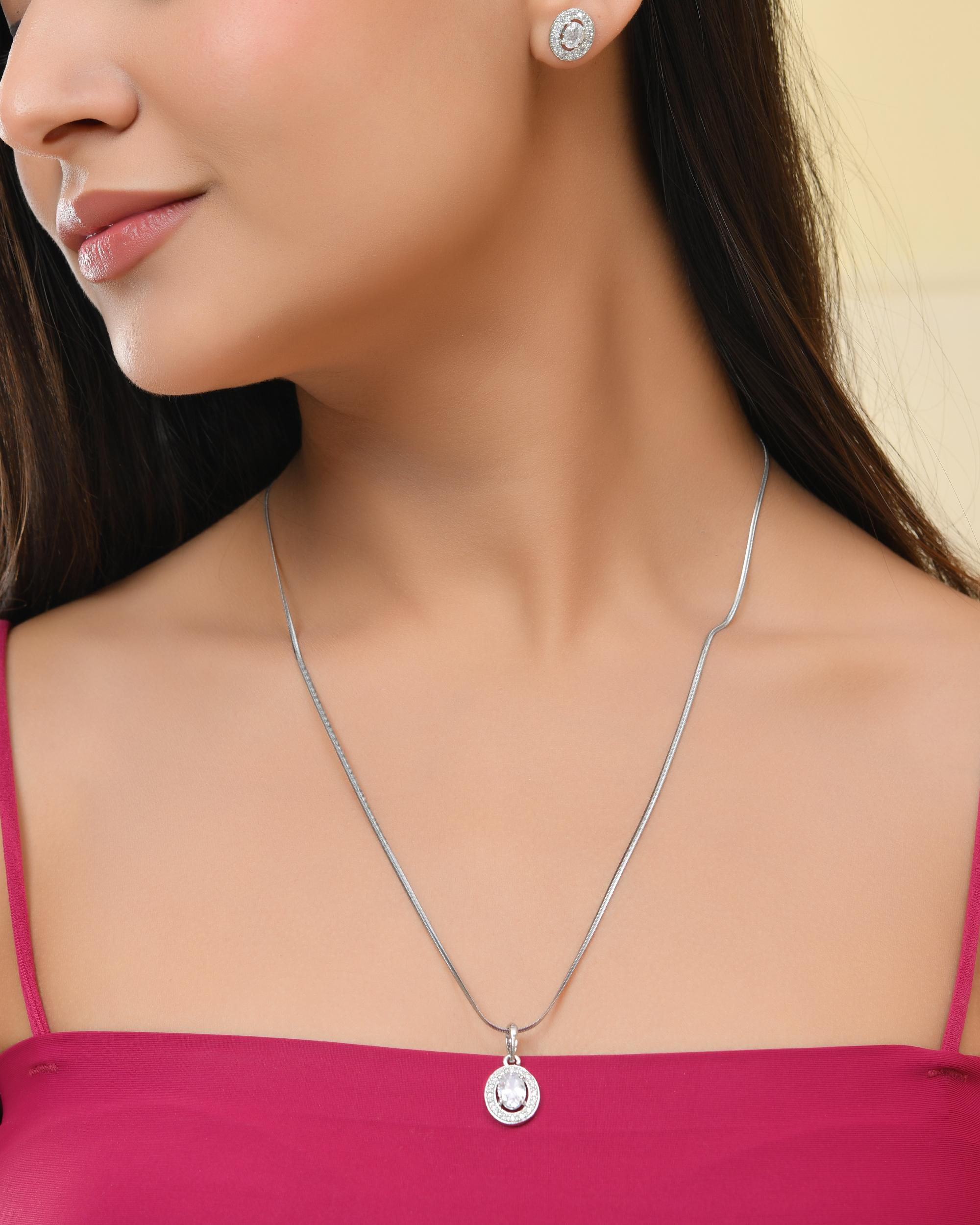 VOJ Silver Plated Ad-Studded Pendant With Chain And Earrings Set - Distacart