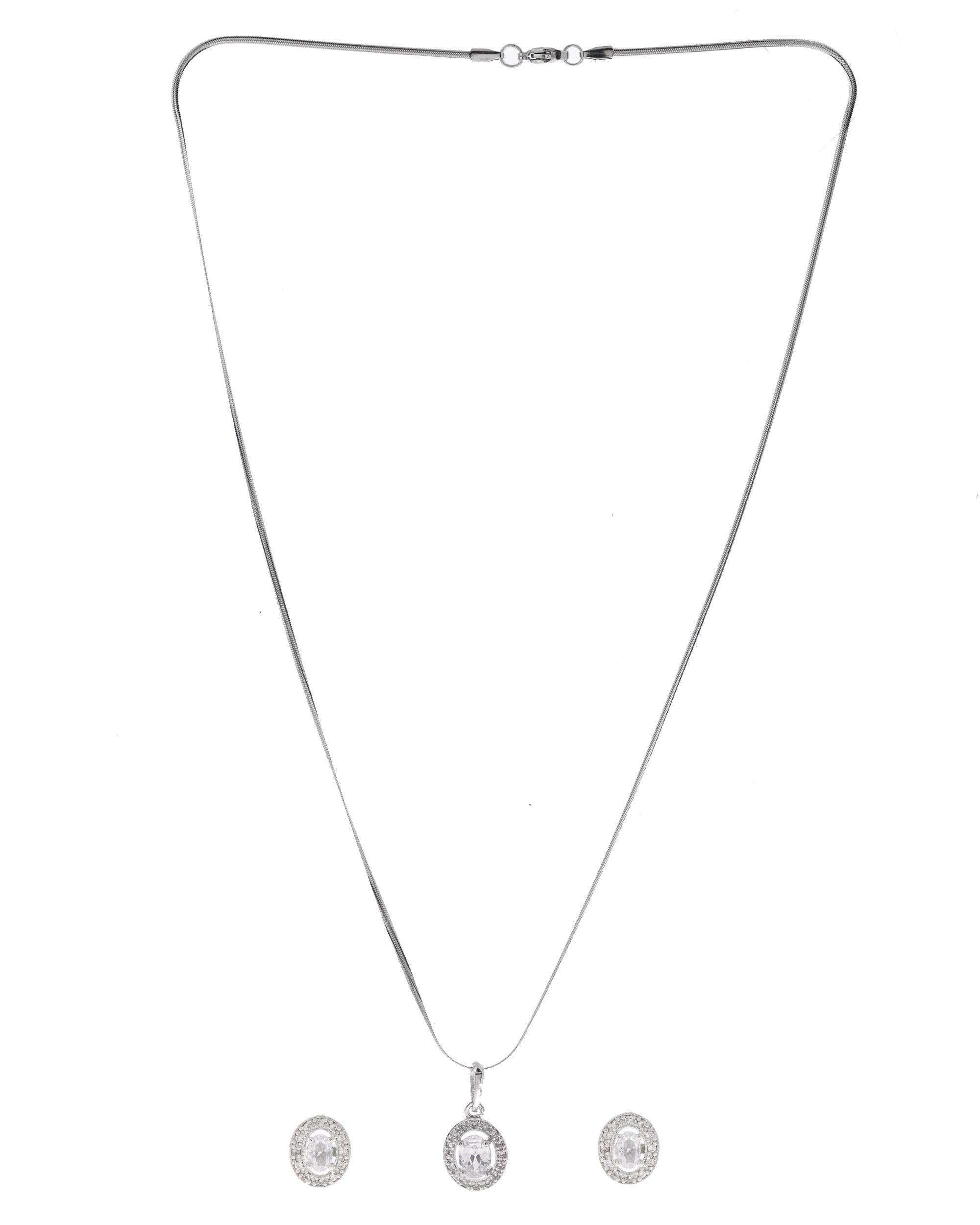 VOJ Silver Plated Ad-Studded Pendant With Chain And Earrings Set - Distacart