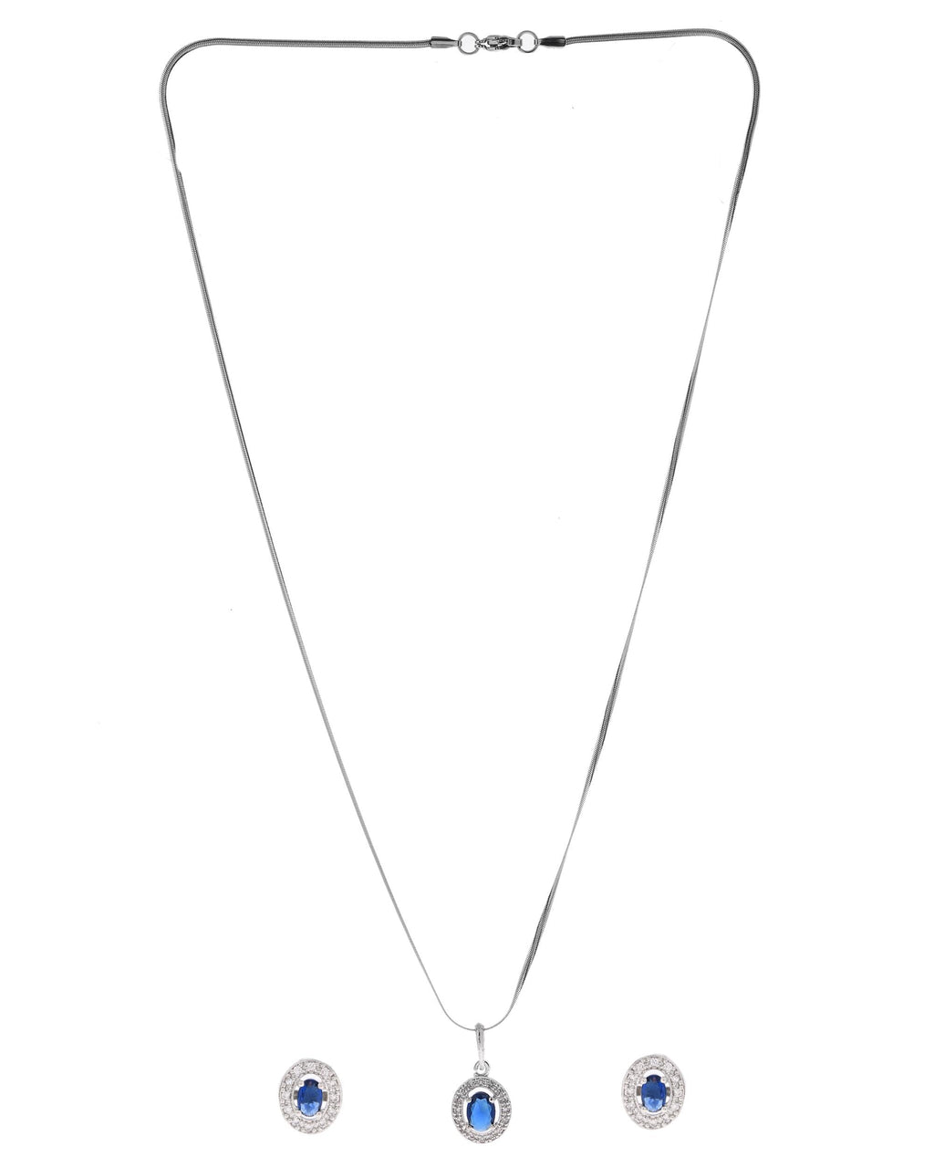 VOJ Silver Plated Blue Ad-Studded Pendant With Chain And Earrings Set - Distacart