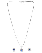 VOJ Silver Plated Blue Ad-Studded Pendant With Chain And Earrings Set - Distacart