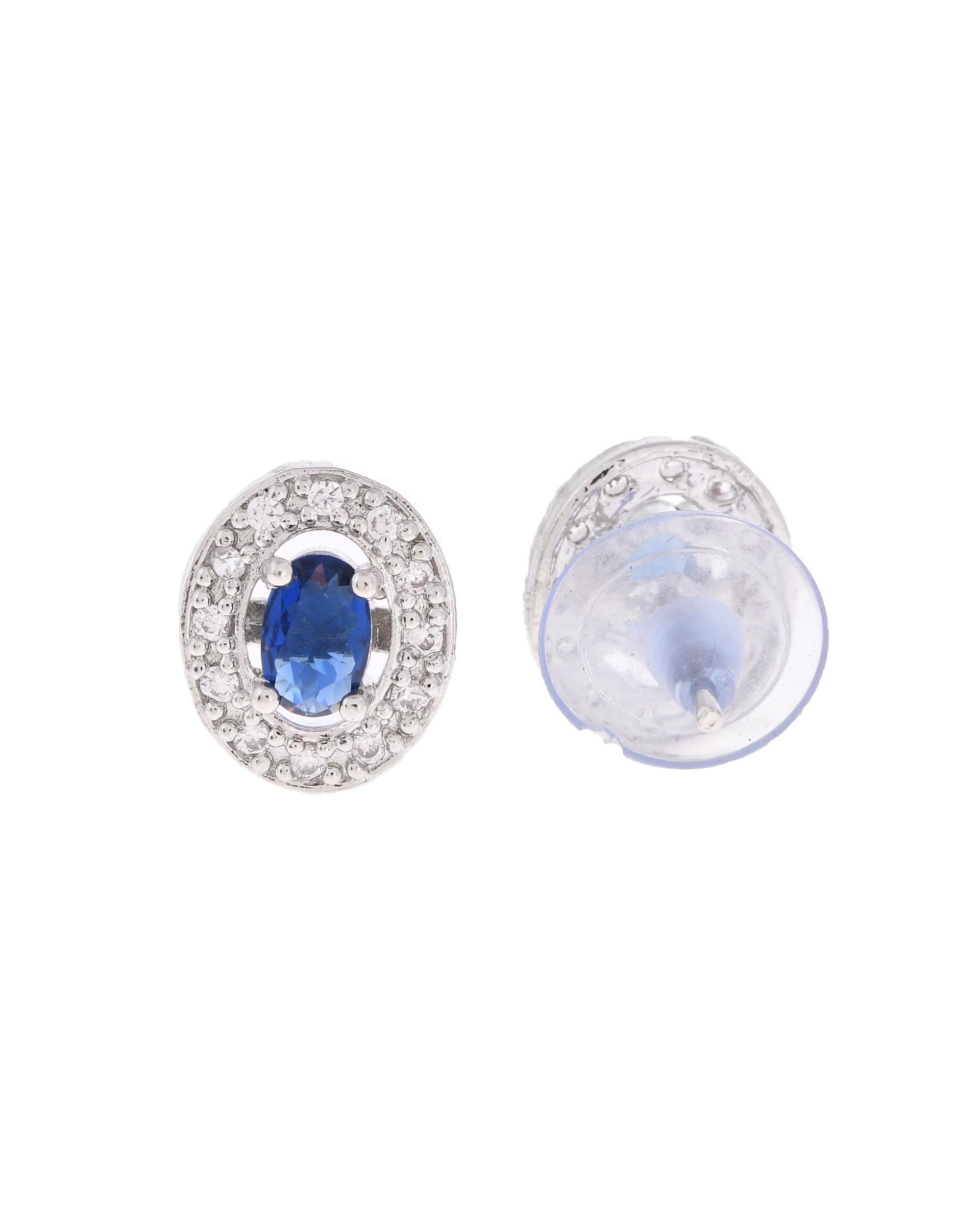 VOJ Silver Plated Blue Ad-Studded Pendant With Chain And Earrings Set - Distacart