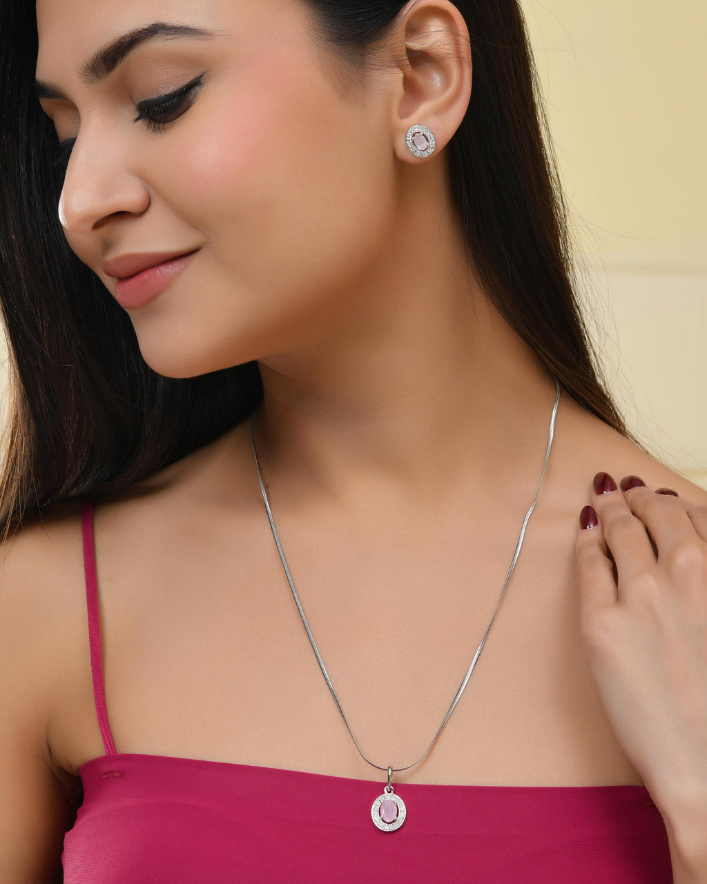 VOJ Silver Plated Pink Ad-Studded Pendant With Chain And Earrings Set - Distacart
