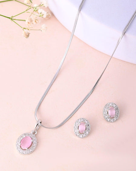 VOJ Silver Plated Pink Ad-Studded Pendant With Chain And Earrings Set