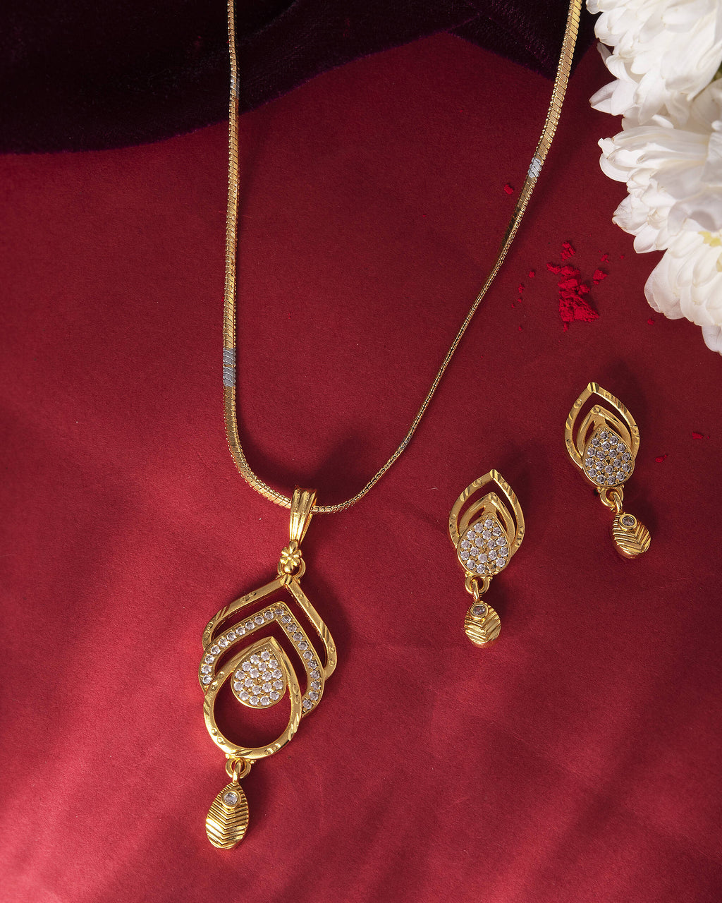 VOJ Gold-Polished AD Stone Studded Designer Chain Set