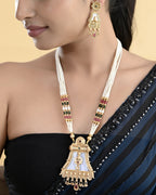 VOJ Gold-Polished Moon Stone Studded long Necklace With Earrings Set