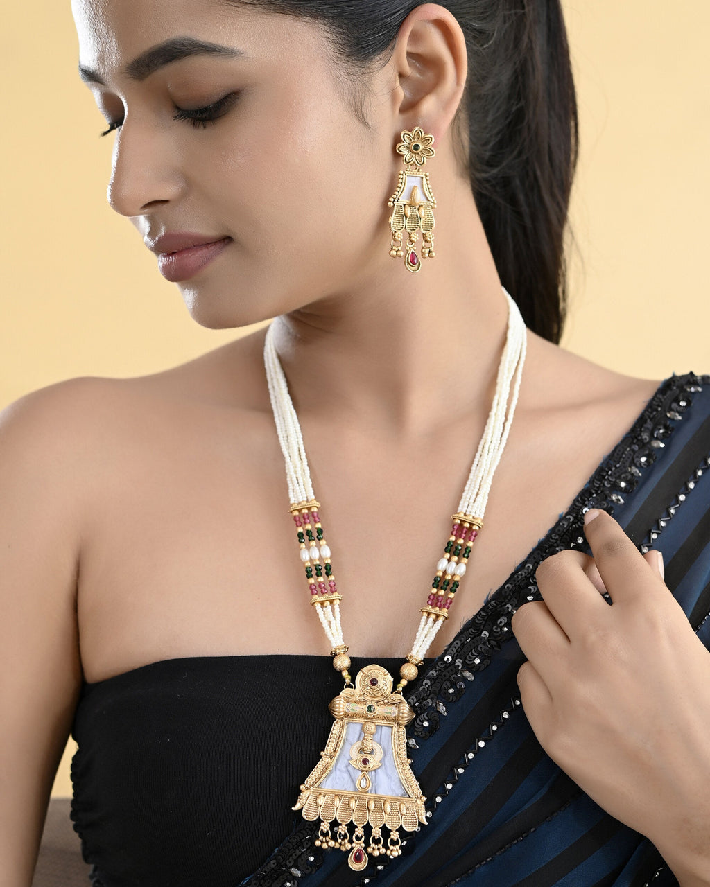 VOJ Gold-Polished Moon Stone Studded long Necklace With Earrings Set