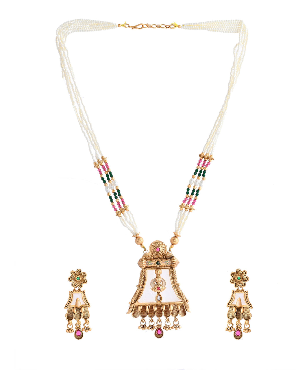 VOJ Gold-Polished Moon Stone Studded long Necklace With Earrings Set