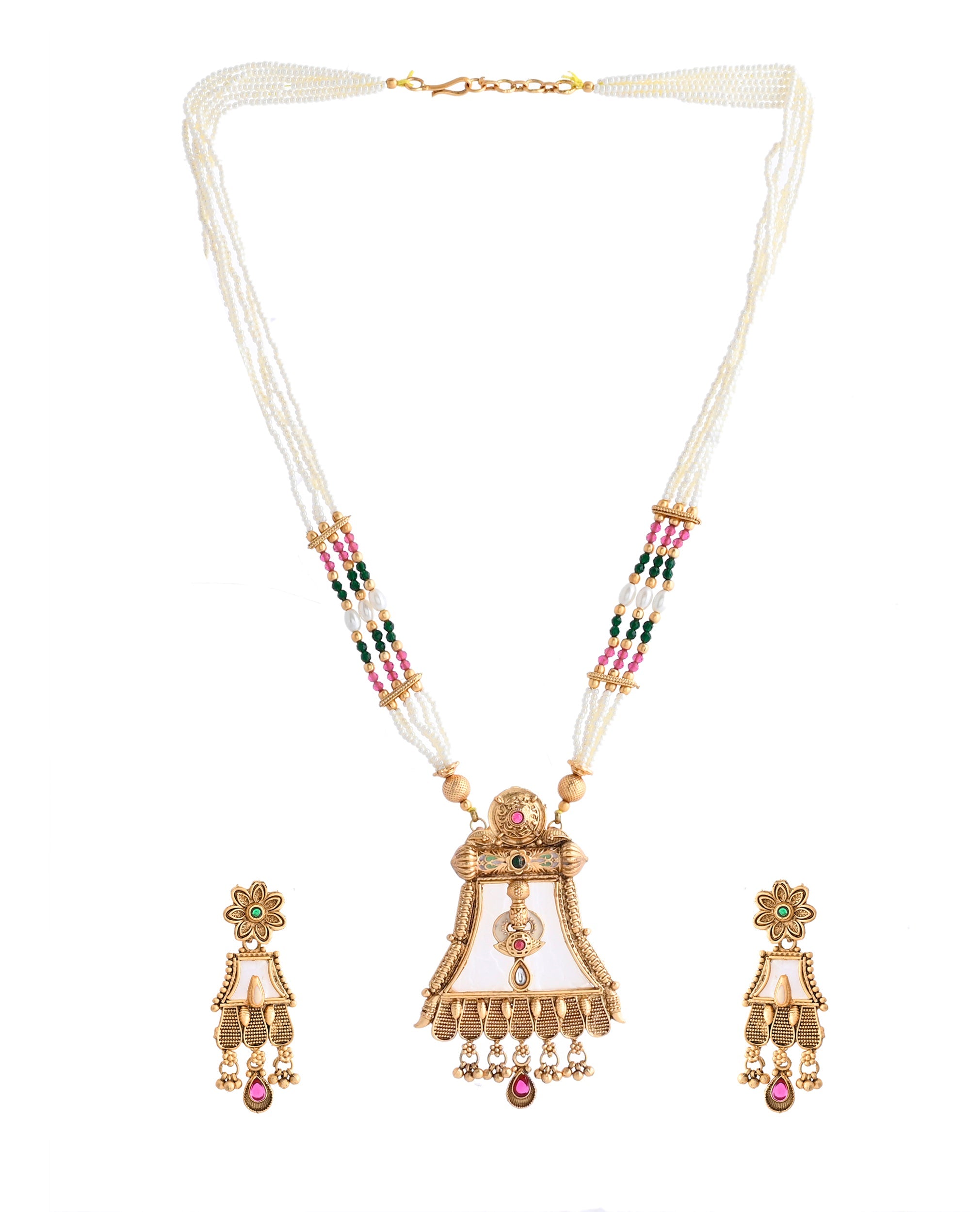 VOJ Gold-Polished Moon Stone Studded long Necklace With Earrings Set