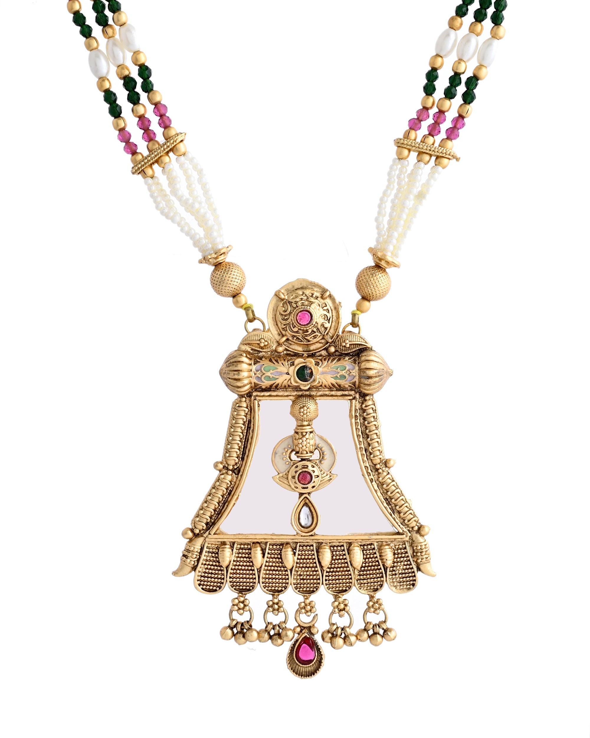 VOJ Gold-Polished Moon Stone Studded long Necklace With Earrings Set