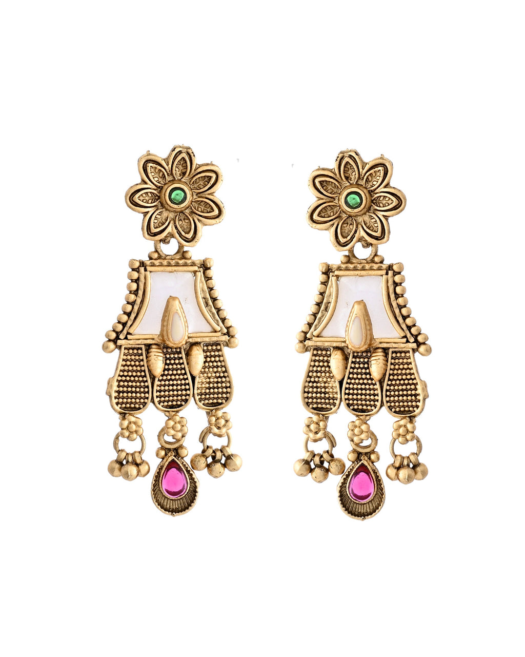 VOJ Gold-Polished Moon Stone Studded long Necklace With Earrings Set