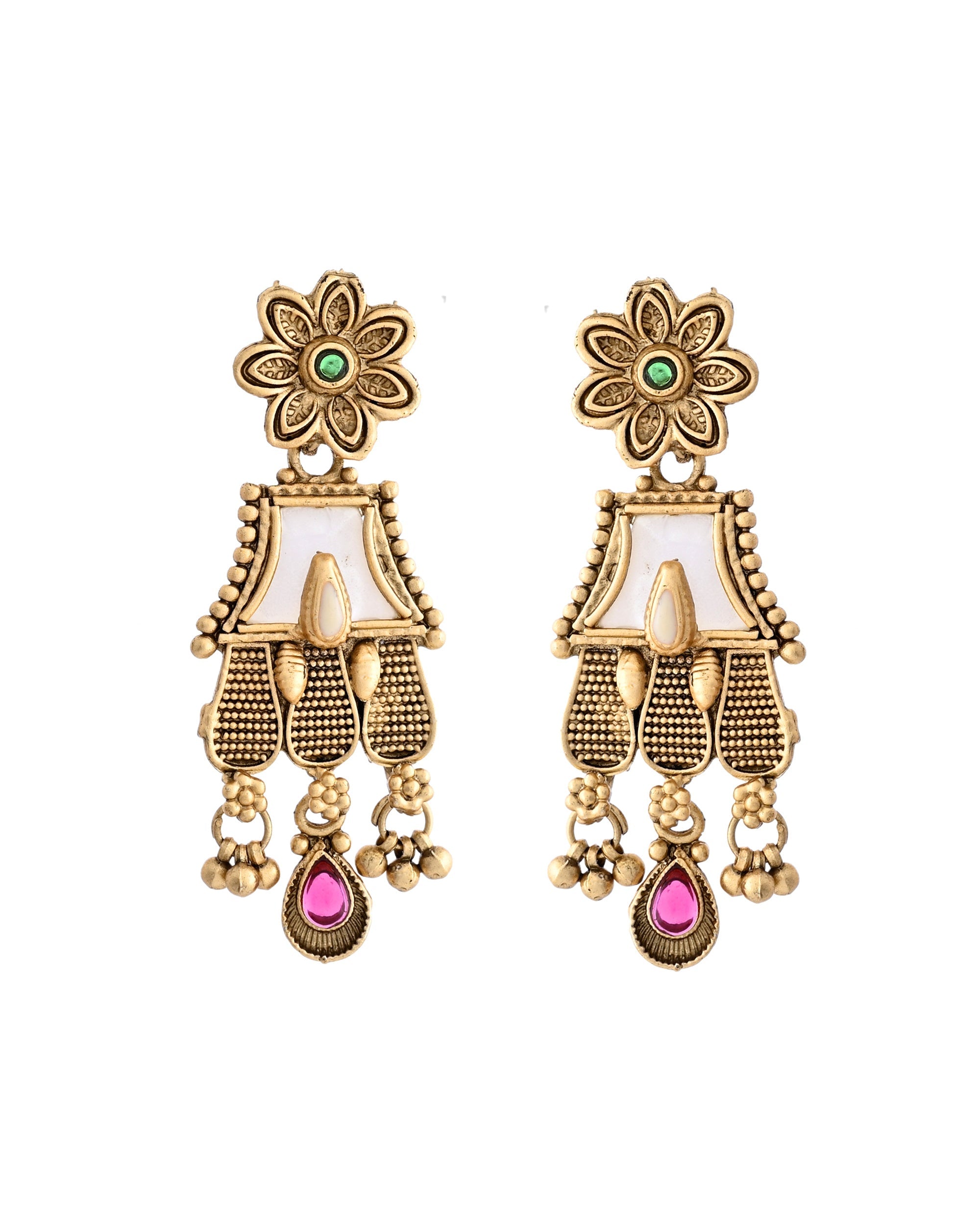 VOJ Gold-Polished Moon Stone Studded long Necklace With Earrings Set