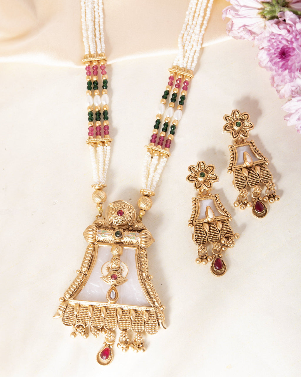 VOJ Gold-Polished Moon Stone Studded long Necklace With Earrings Set