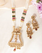 VOJ Gold-Polished Moon Stone Studded long Necklace With Earrings Set