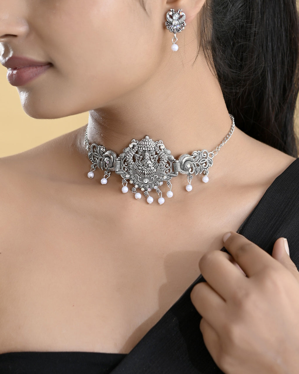 VOJ Silver Plated Oxidized Temple Jewellery Set