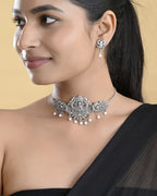VOJ Silver Plated Oxidized Temple Jewellery Set