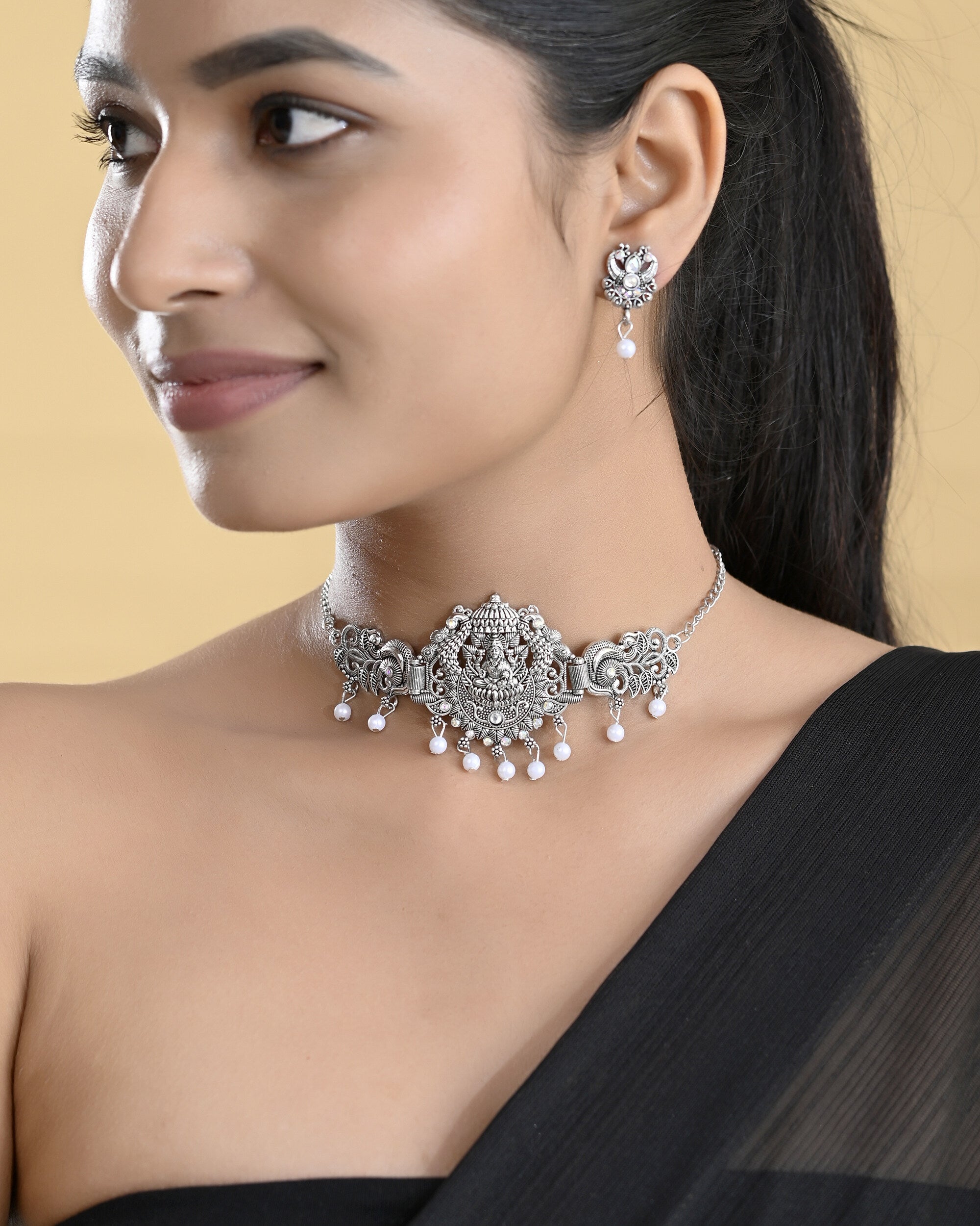 VOJ Silver Plated Oxidized Temple Jewellery Set