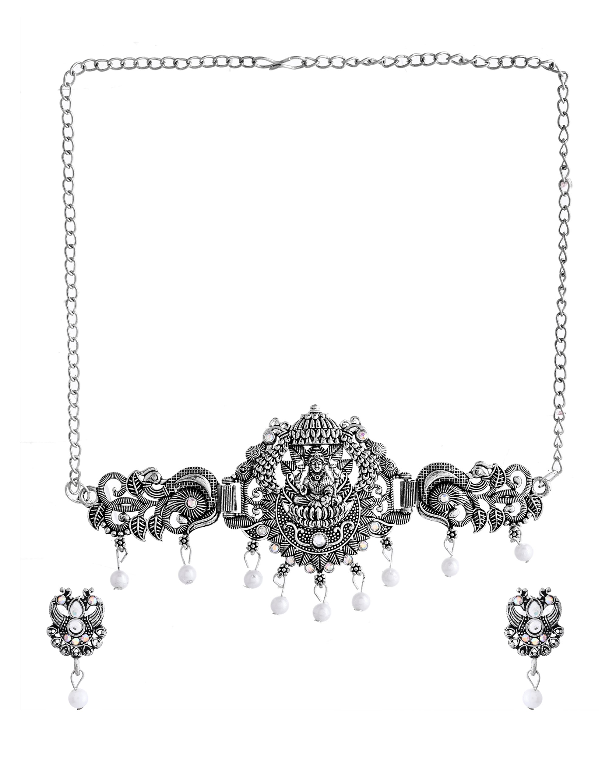 VOJ Silver Plated Oxidized Temple Jewellery Set