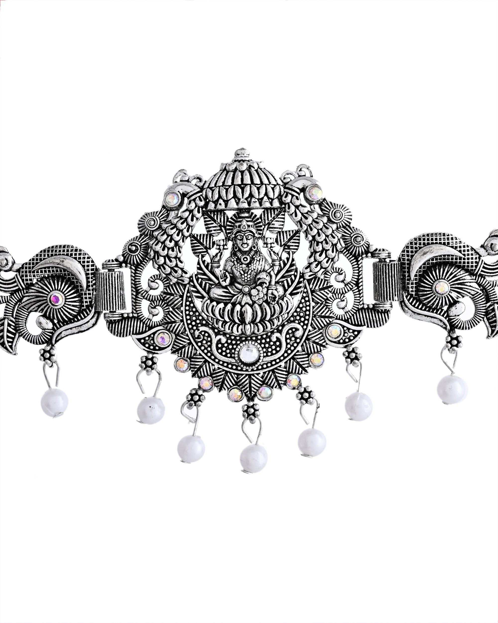 VOJ Silver Plated Oxidized Temple Jewellery Set