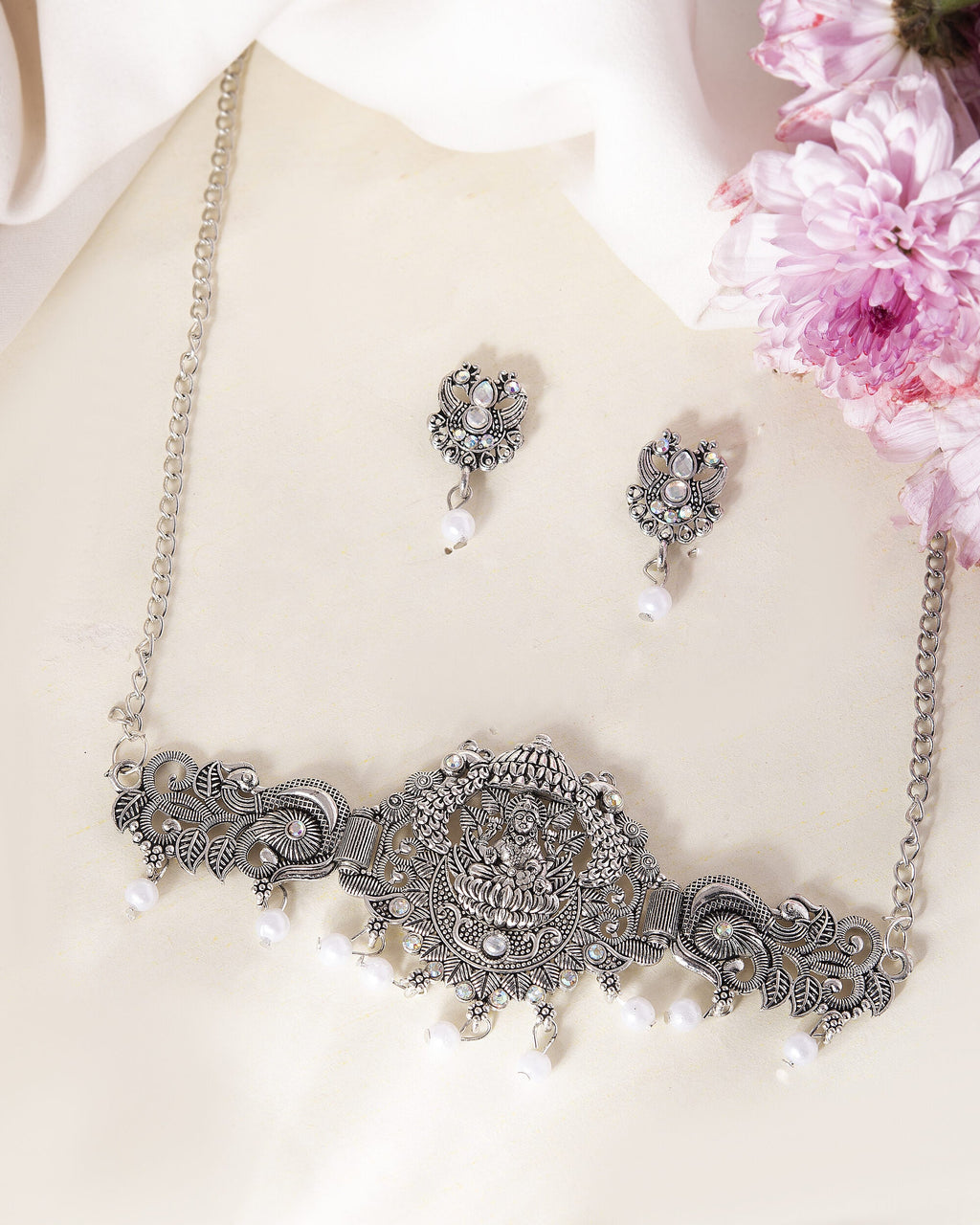 VOJ Silver Plated Oxidized Temple Jewellery Set