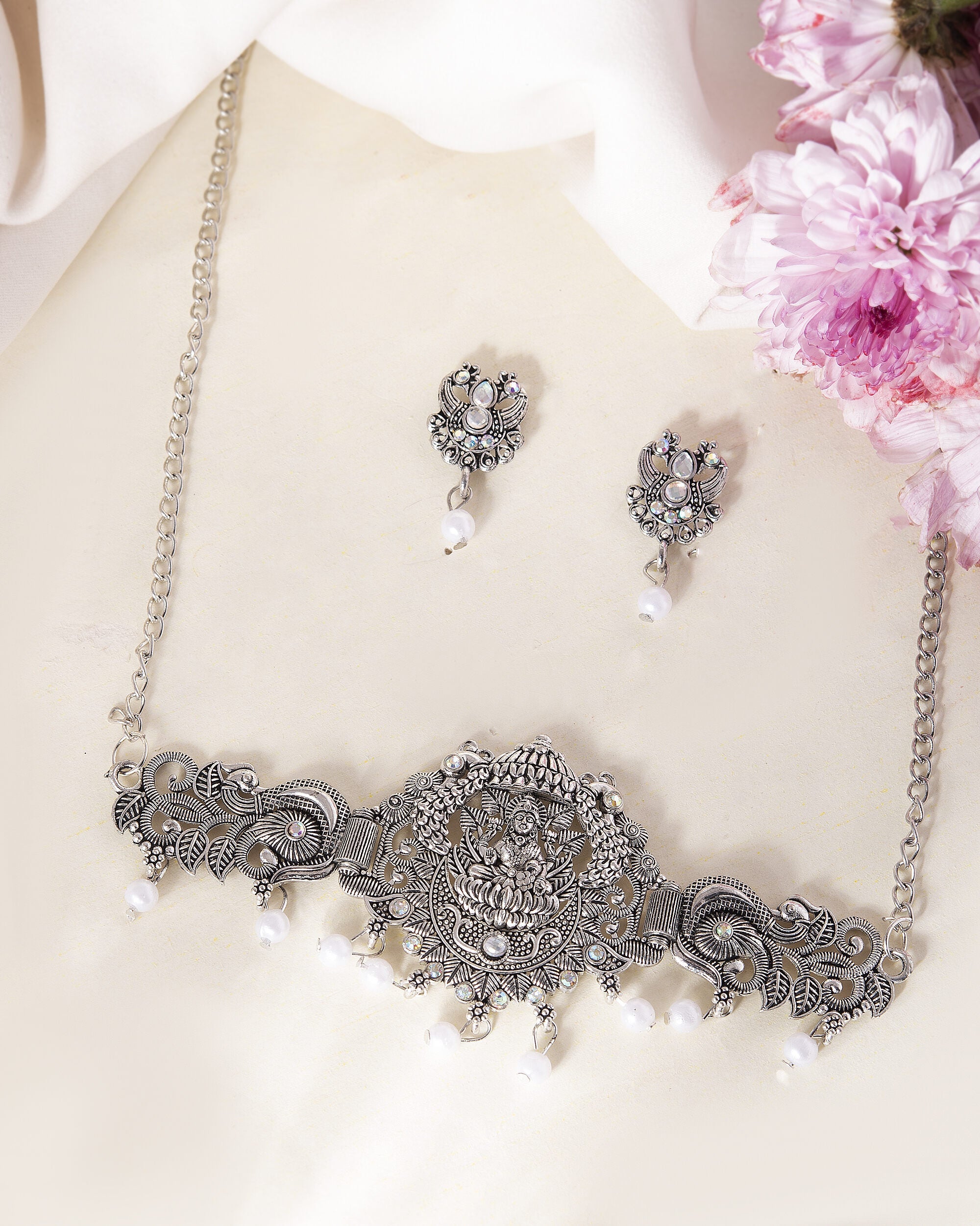 VOJ Silver Plated Oxidized Temple Jewellery Set