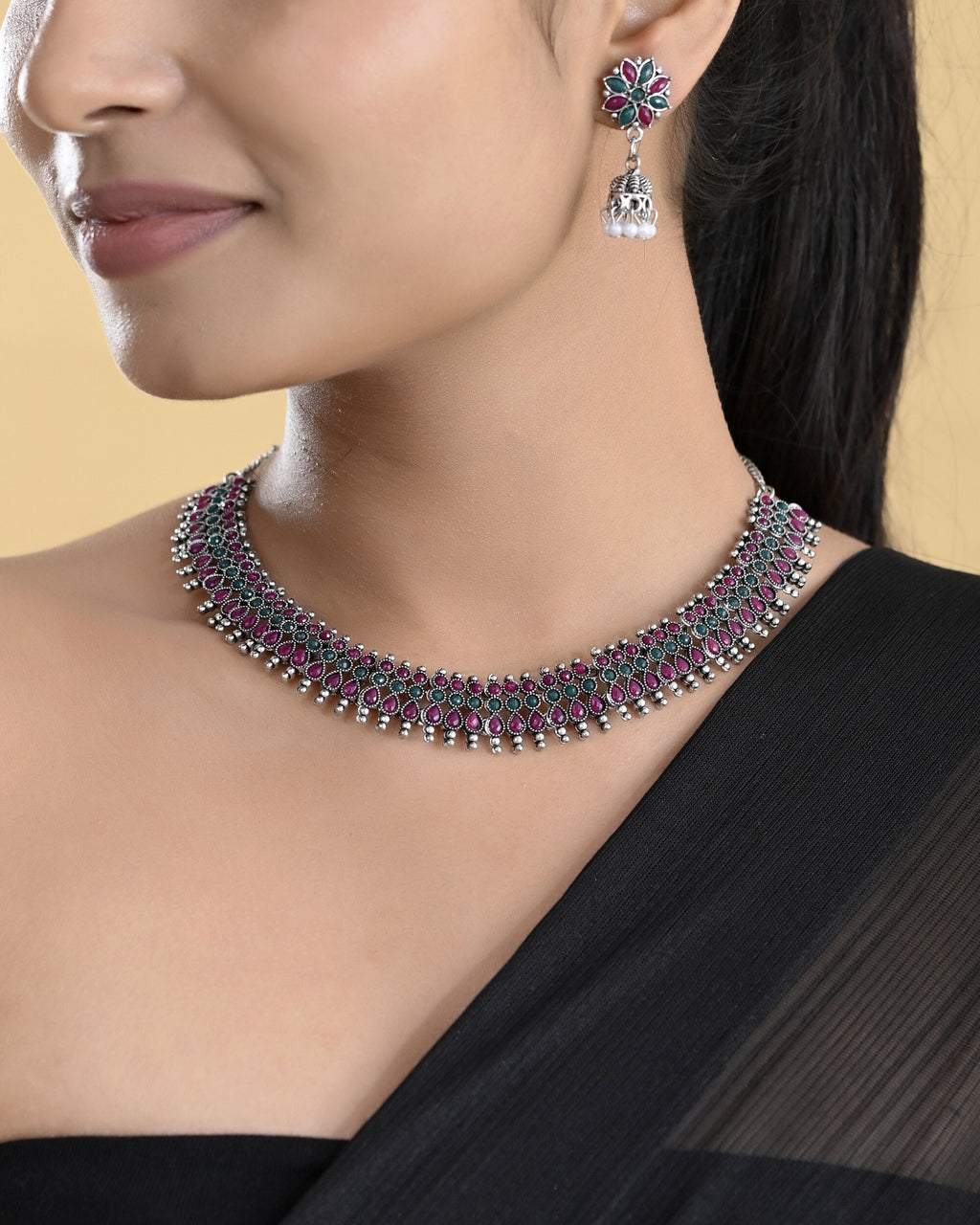 VOJ Silver Plated Oxidized Multi Color Stone Choker With Earrings Set