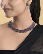 VOJ Silver Plated Oxidized Multi Color Stone Choker With Earrings Set