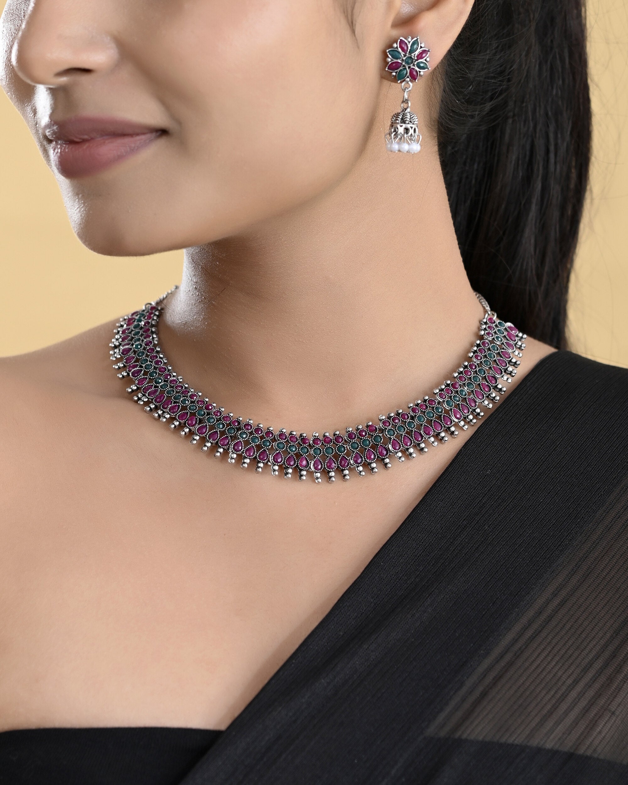 VOJ Silver Plated Oxidized Multi Color Stone Choker With Earrings Set