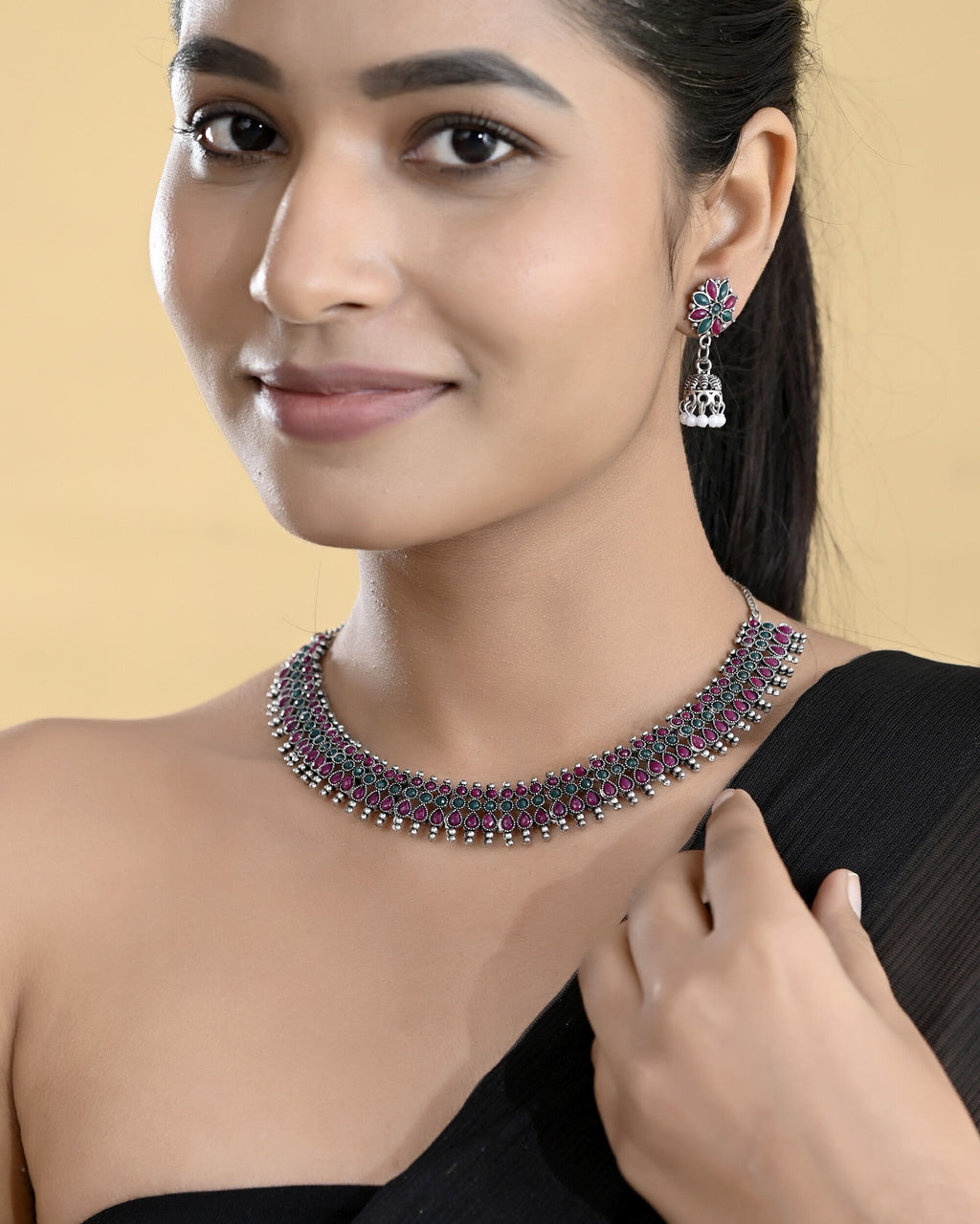 VOJ Silver Plated Oxidized Multi Color Stone Choker With Earrings Set