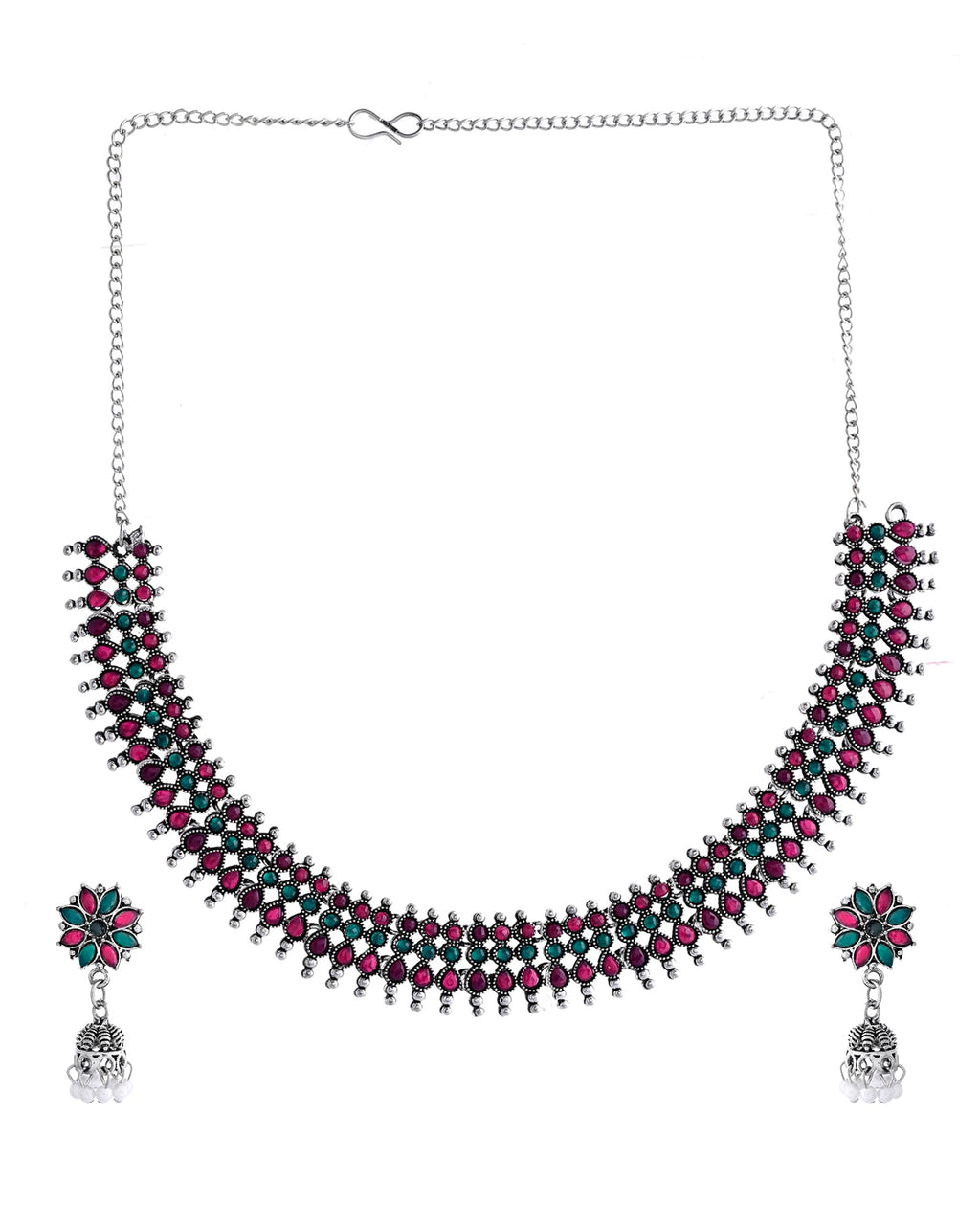 VOJ Silver Plated Oxidized Multi Color Stone Choker With Earrings Set