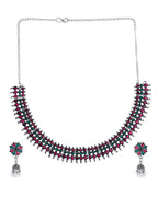 VOJ Silver Plated Oxidized Multi Color Stone Choker With Earrings Set