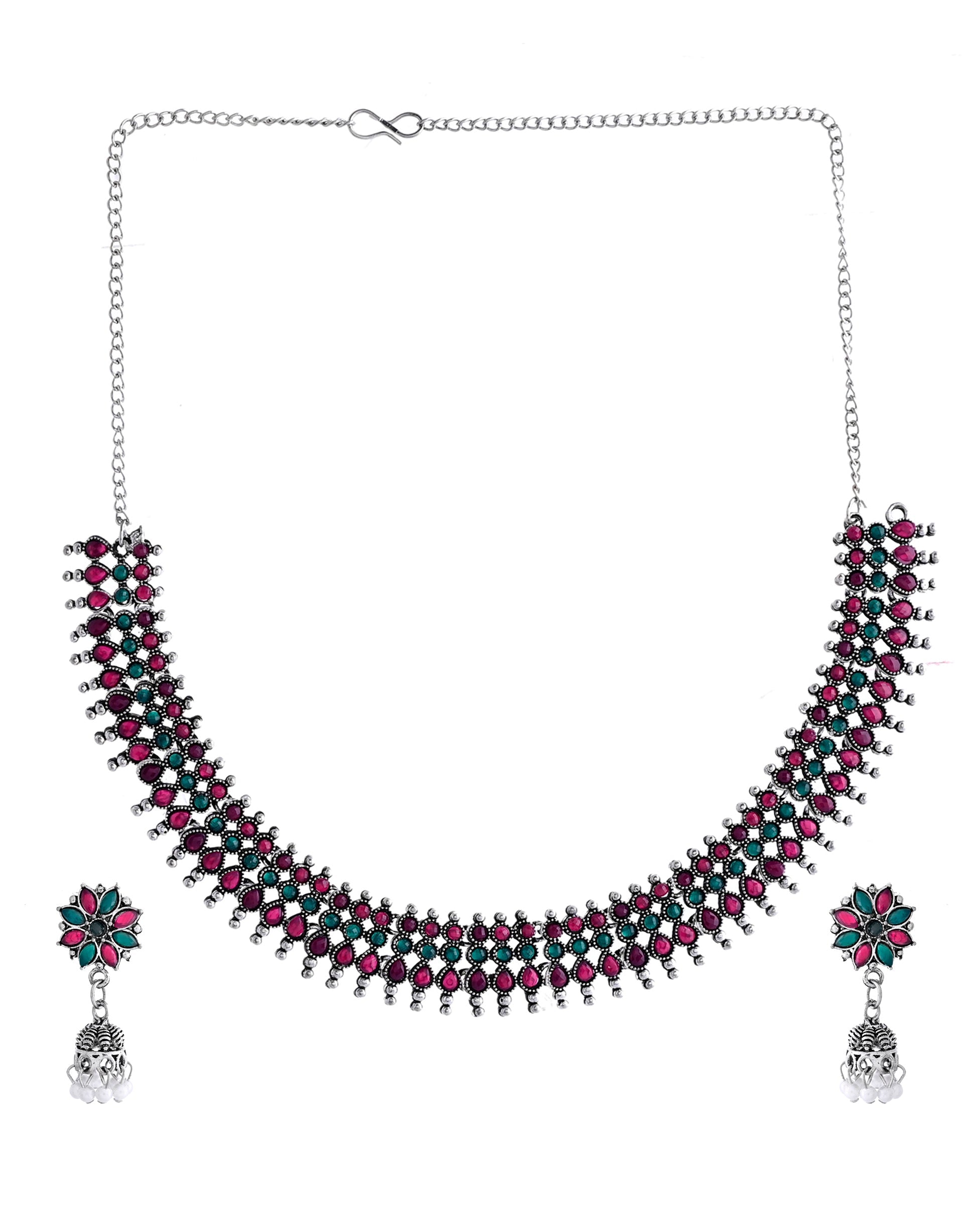 VOJ Silver Plated Oxidized Multi Color Stone Choker With Earrings Set