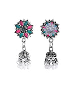 VOJ Silver Plated Oxidized Multi Color Stone Choker With Earrings Set