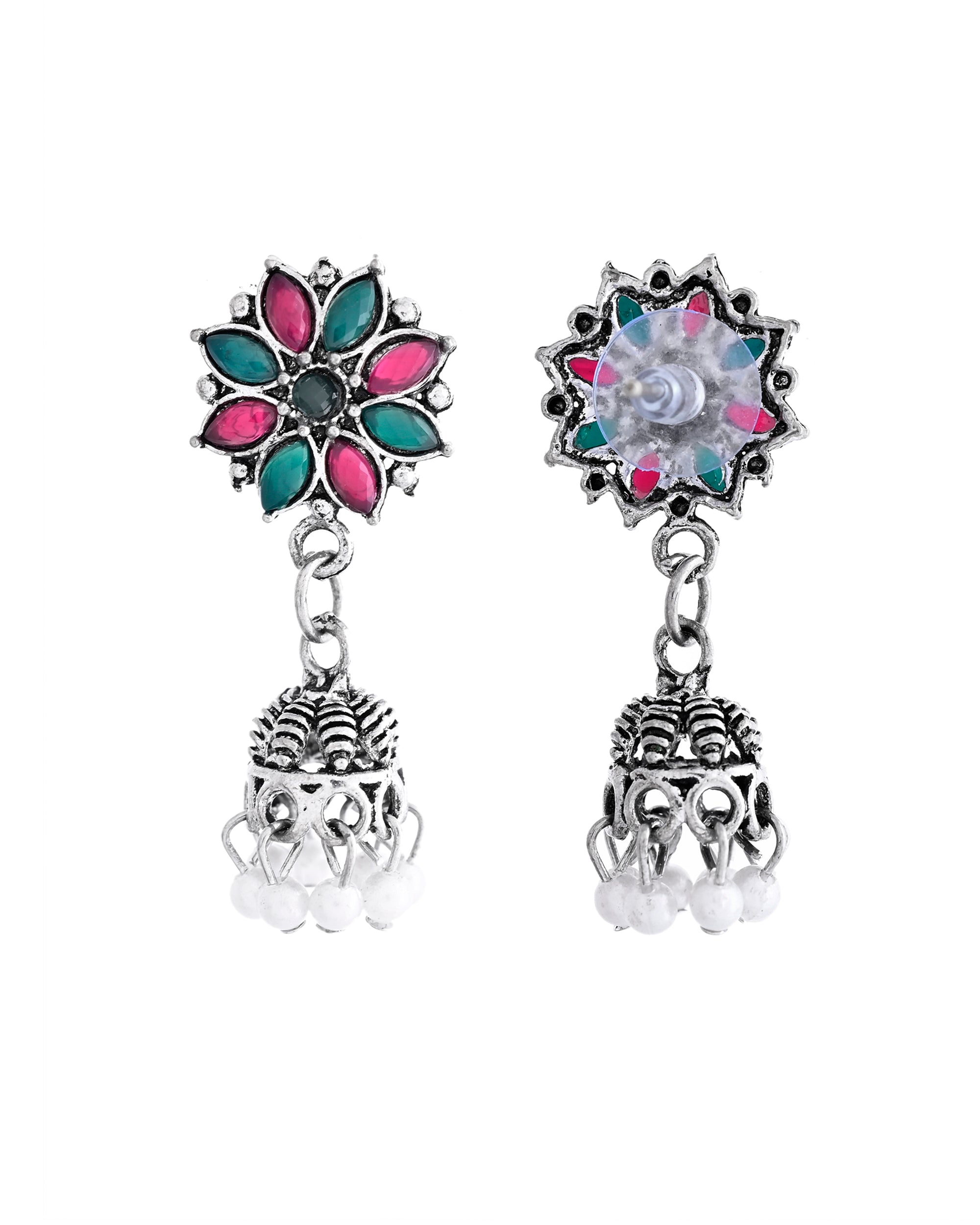 VOJ Silver Plated Oxidized Multi Color Stone Choker With Earrings Set