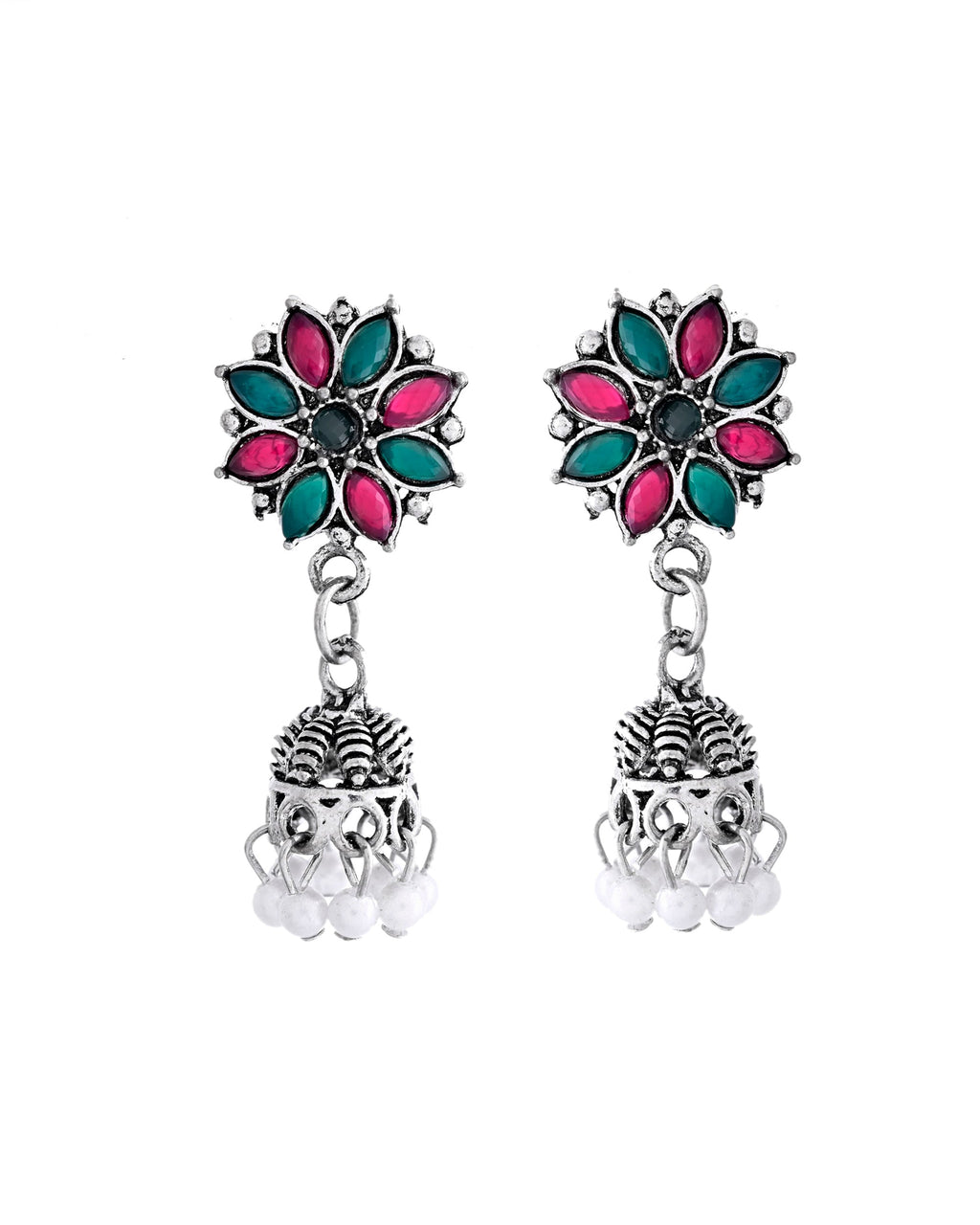 VOJ Silver Plated Oxidized Multi Color Stone Choker With Earrings Set