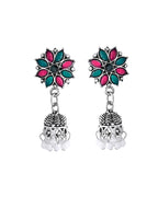 VOJ Silver Plated Oxidized Multi Color Stone Choker With Earrings Set