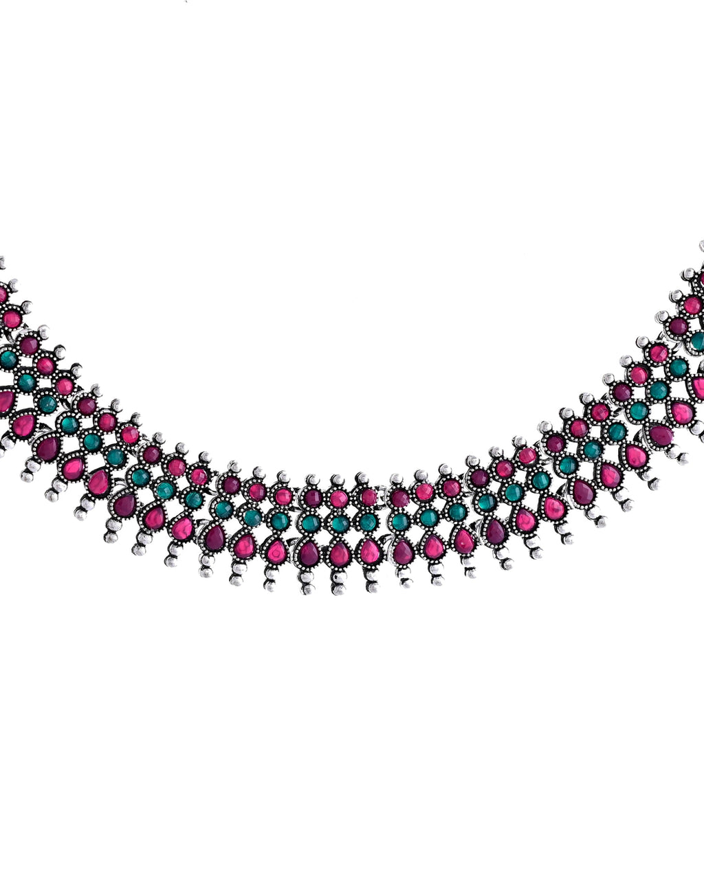 VOJ Silver Plated Oxidized Multi Color Stone Choker With Earrings Set