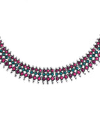 VOJ Silver Plated Oxidized Multi Color Stone Choker With Earrings Set