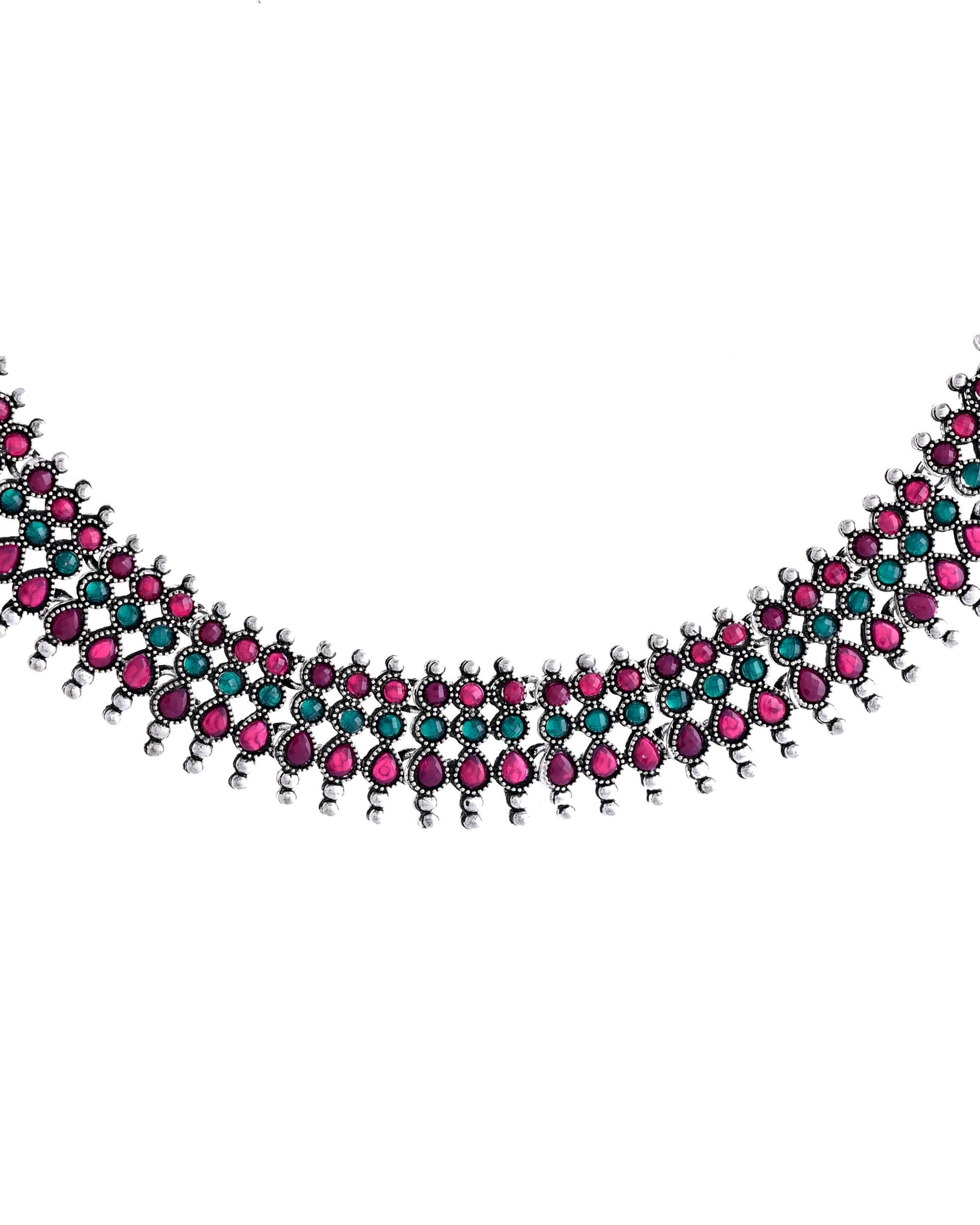 VOJ Silver Plated Oxidized Multi Color Stone Choker With Earrings Set