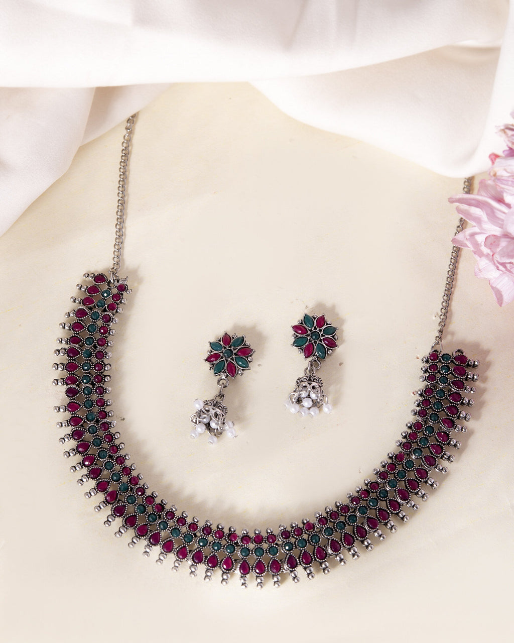 VOJ Silver Plated Oxidized Multi Color Stone Choker With Earrings Set