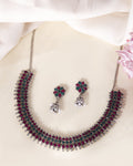 VOJ Silver Plated Oxidized Multi Color Stone Choker With Earrings Set