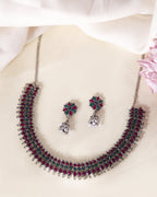 VOJ Silver Plated Oxidized Multi Color Stone Choker With Earrings Set