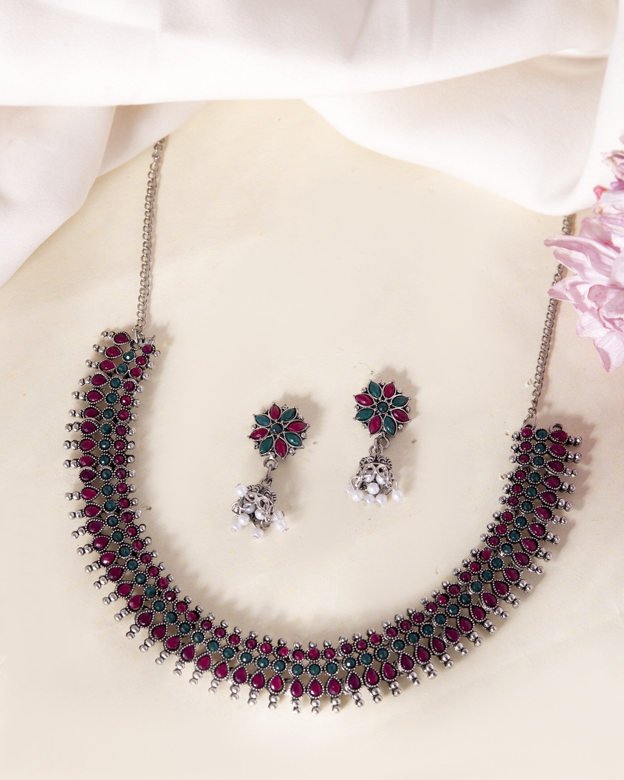 VOJ Silver Plated Oxidized Multi Color Stone Choker With Earrings Set