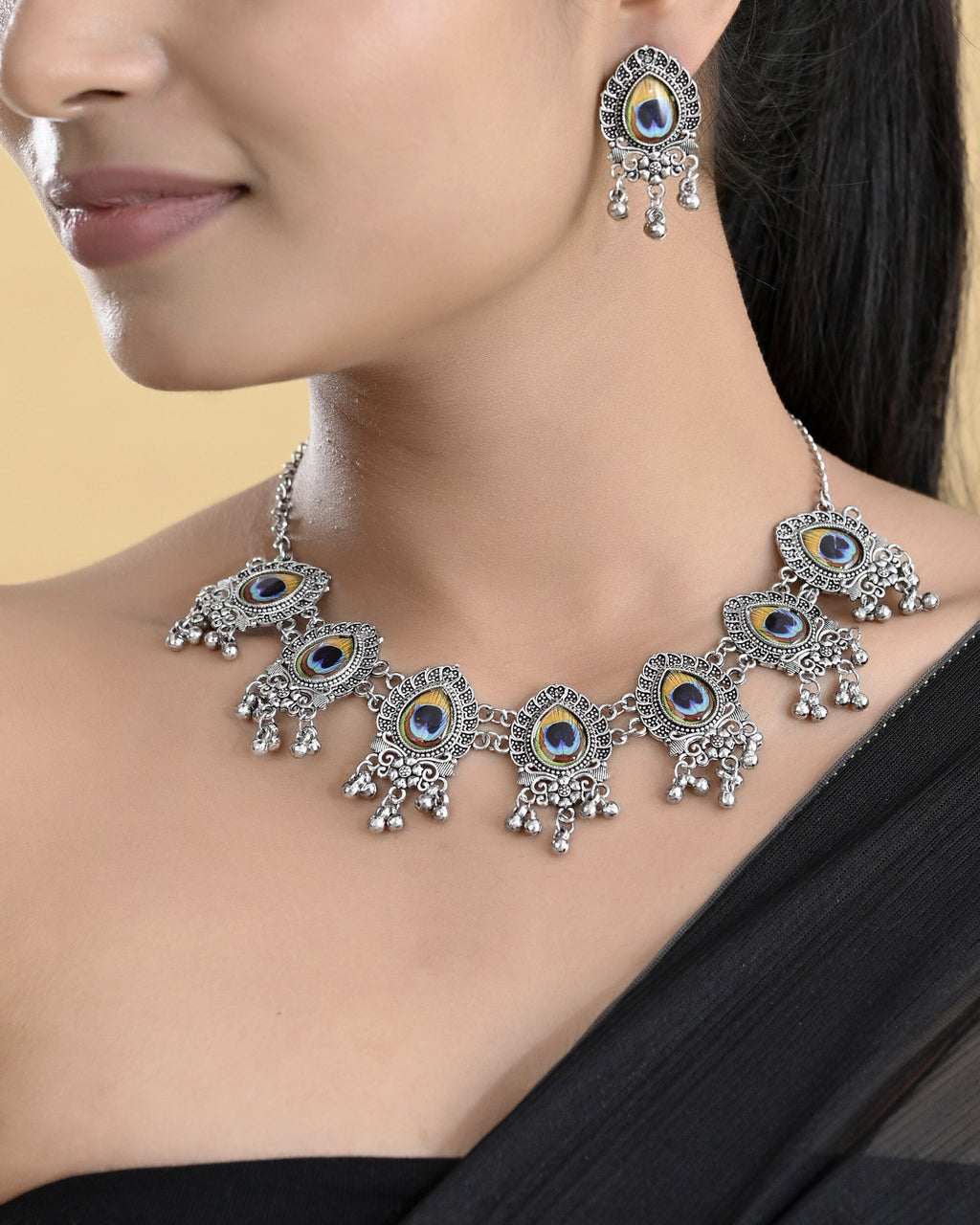 VOJ Silver Toned Peacock Printed Choker Necklace With Earrings Set