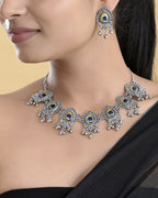 VOJ Silver Toned Peacock Printed Choker Necklace With Earrings Set
