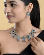 VOJ Silver Toned Peacock Printed Choker Necklace With Earrings Set