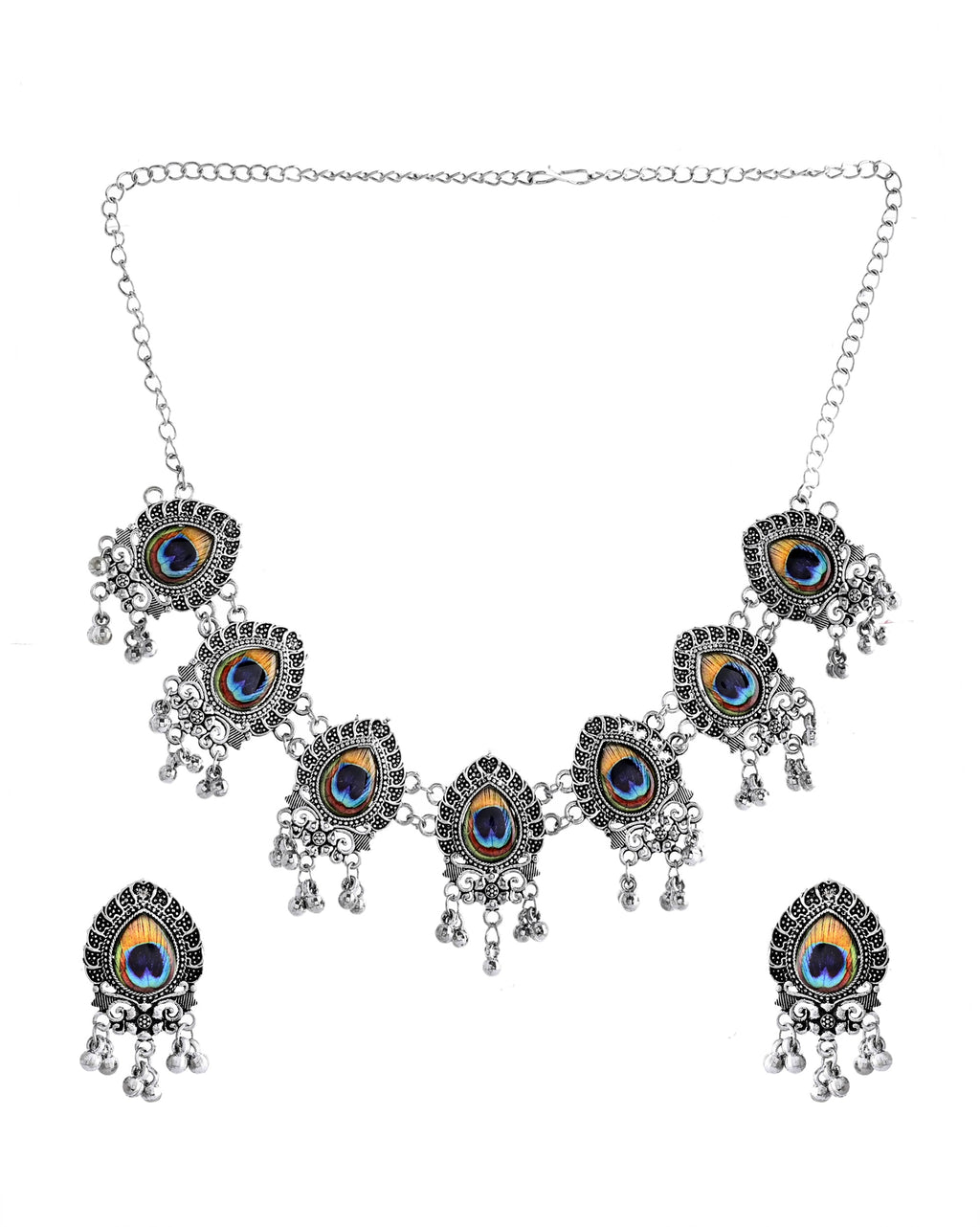 VOJ Silver Toned Peacock Printed Choker Necklace With Earrings Set