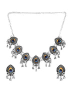 VOJ Silver Toned Peacock Printed Choker Necklace With Earrings Set