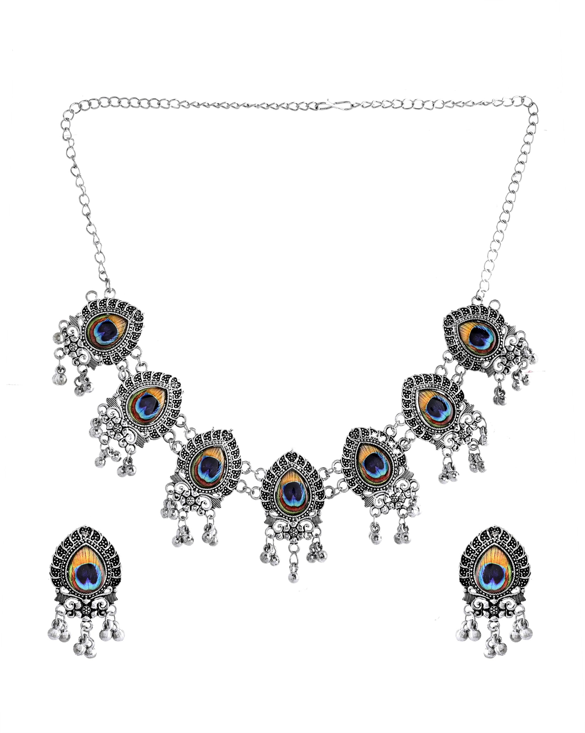 VOJ Silver Toned Peacock Printed Choker Necklace With Earrings Set