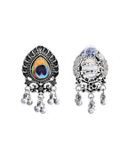 VOJ Silver Toned Peacock Printed Choker Necklace With Earrings Set